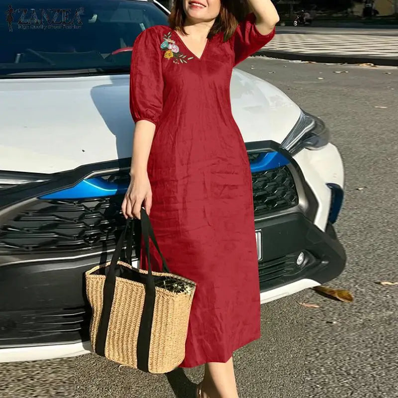 Women's V-Neck Floral Embroidery Midi Dress