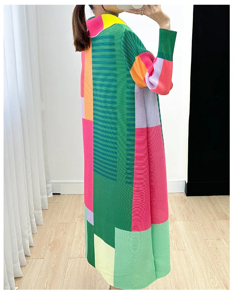 Miyake Women's Color Matching Dress, Autumn and Winter New Fashion Print Pleats, Medium Length, Loose Length Skirt