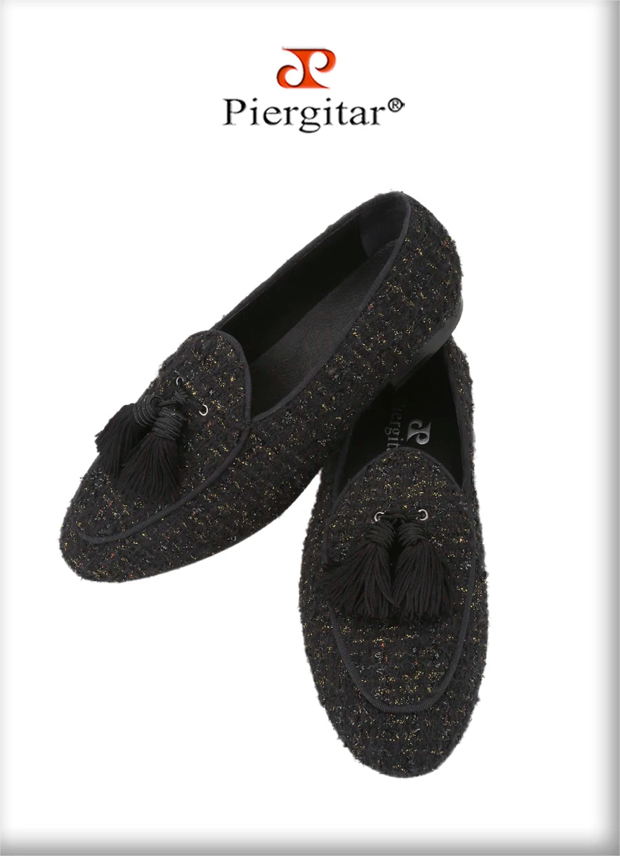 Piergitar 2025 White And Black Colors Tweed Men's Loafers With Handmade Tassels British Classic Style Slip-On Smoking Slippers