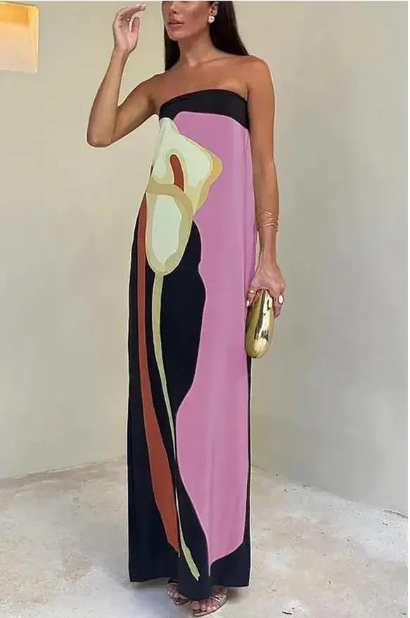 Tube Bodycon Dress Women Elegant Avocado Print Strapless Elegant Maxi Dress Sleeveless Holiday Robes Summer Chic Long Dress