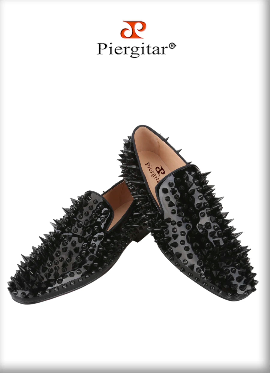 Piergitar Black Patent Leather Men's Loafers With Handmade Different Shapes Of Spikes For Fashion Party CL Brand Red Sole Shoes