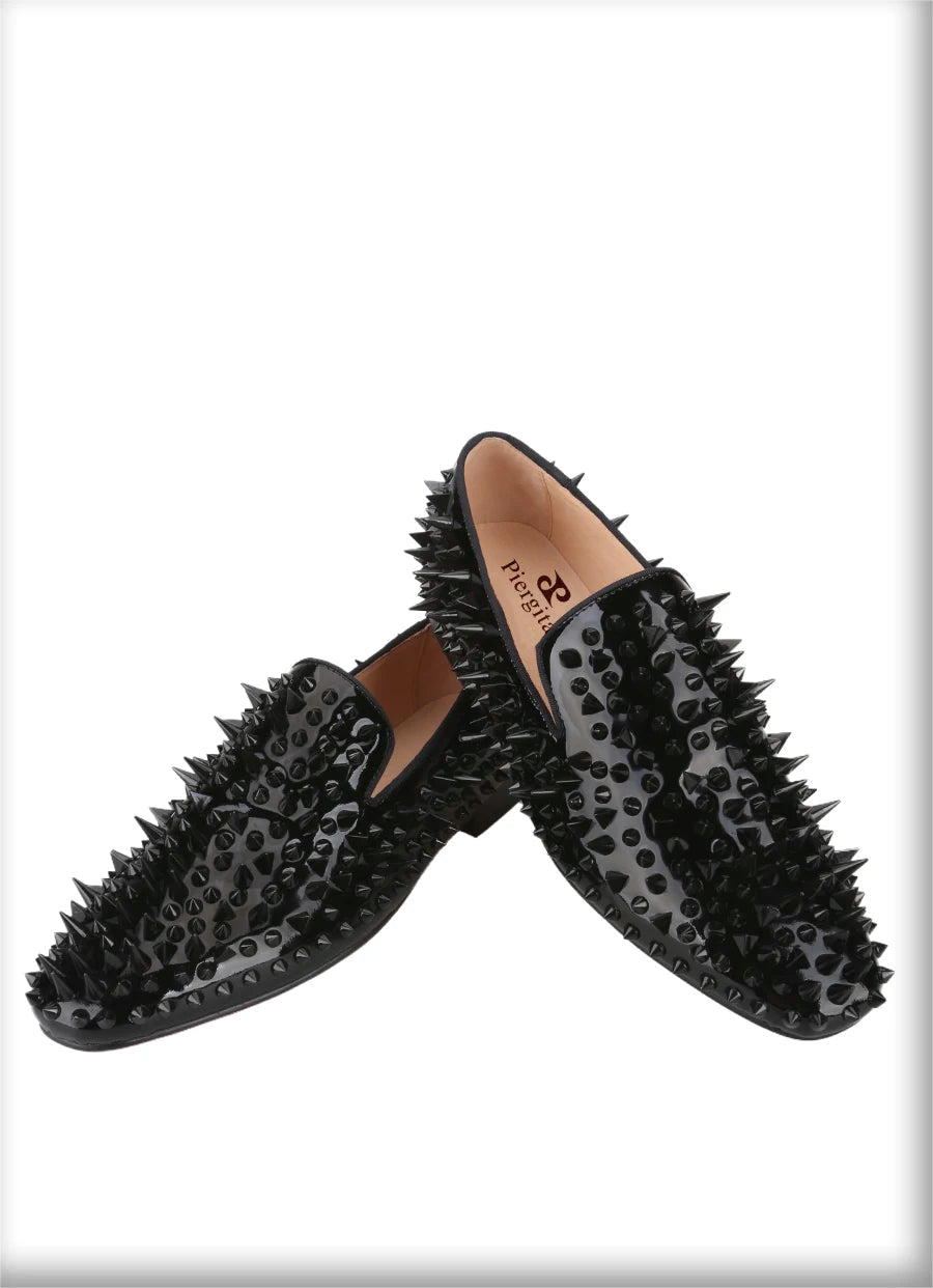 Black Patent Leather Loafers with Handmade Different Shapes of Spikes for Fashion Party CL Brand Red Sole Shoes