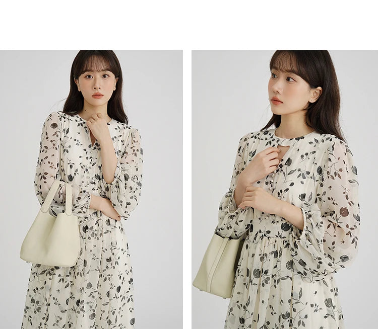 Floral Midi Dress Women Sweet A-Line Long Sleeve Hollow Out Dress Elegant High Waist Casual Long Dress Daily or Vacation Outfits