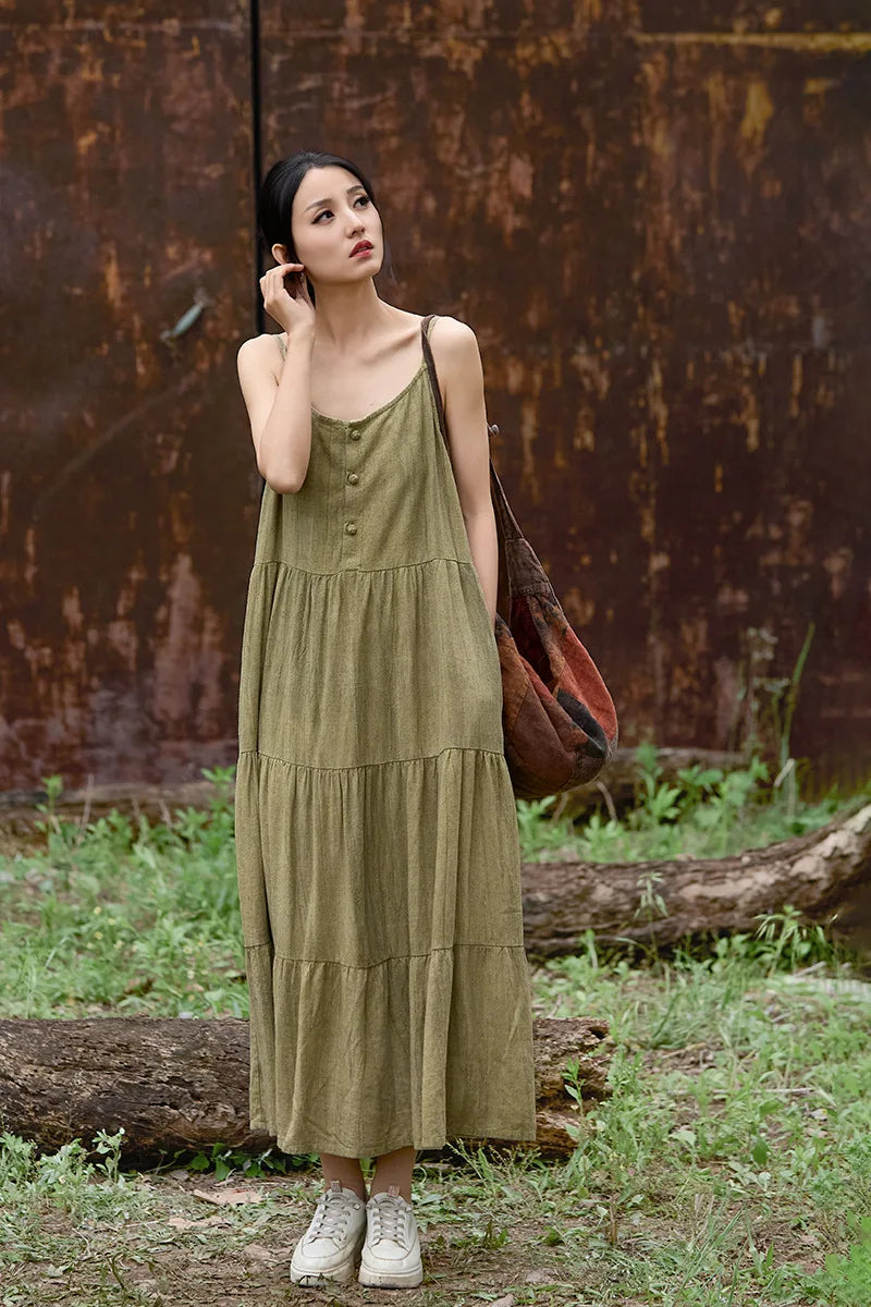 Cotton Linen Long Spaghetti Strap Dress