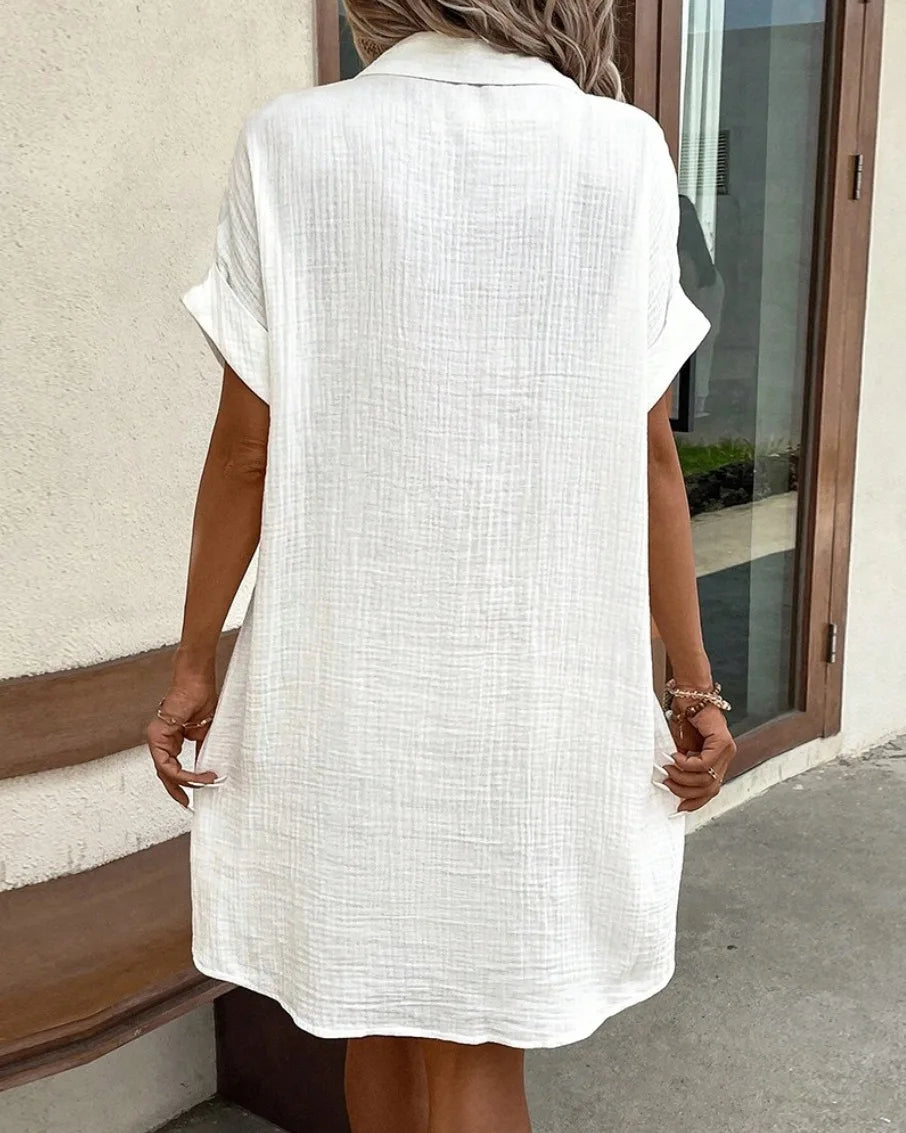Women's Casual Elegant Loose Dresses with Turn-down Collar and Summer Solid Short Sleeve Shirt