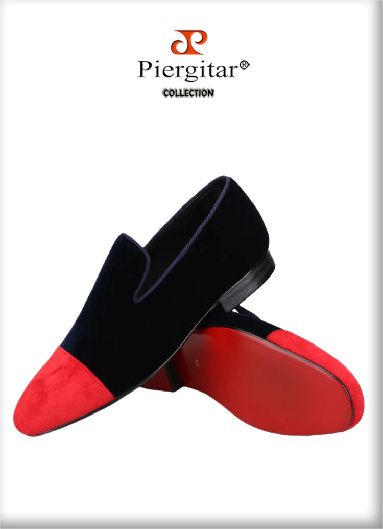 Piergitar Mixed Velvet Men's Loafers For Party And Wedding Handmade Slip-On Moccasins Red Outsole Breathable Leather Insole