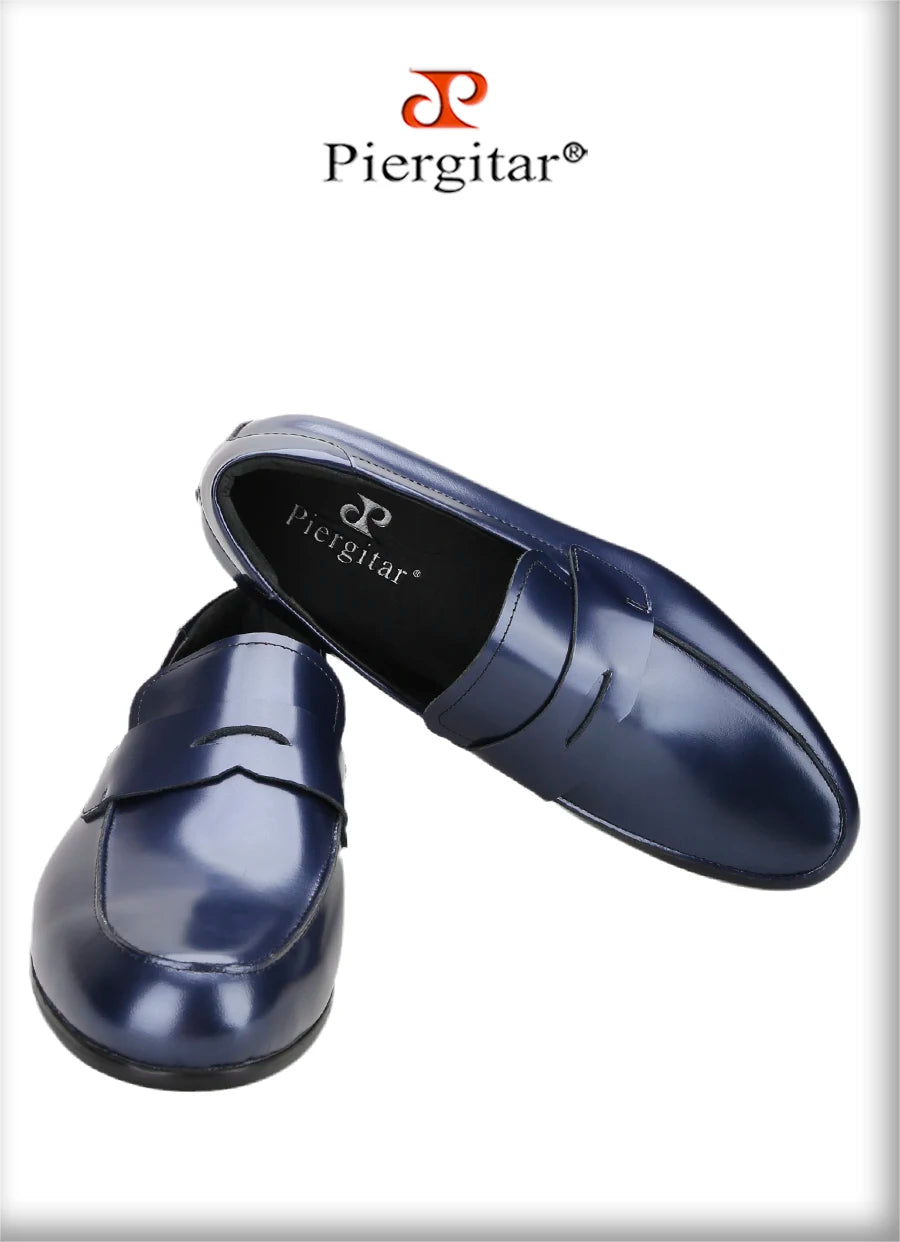 Piergitar Navy-Purple Smooth Genuine Leather Men's Penny Loafers Handmade Slip-On Male Flat Shoes For Party/Wedding Suit Wear