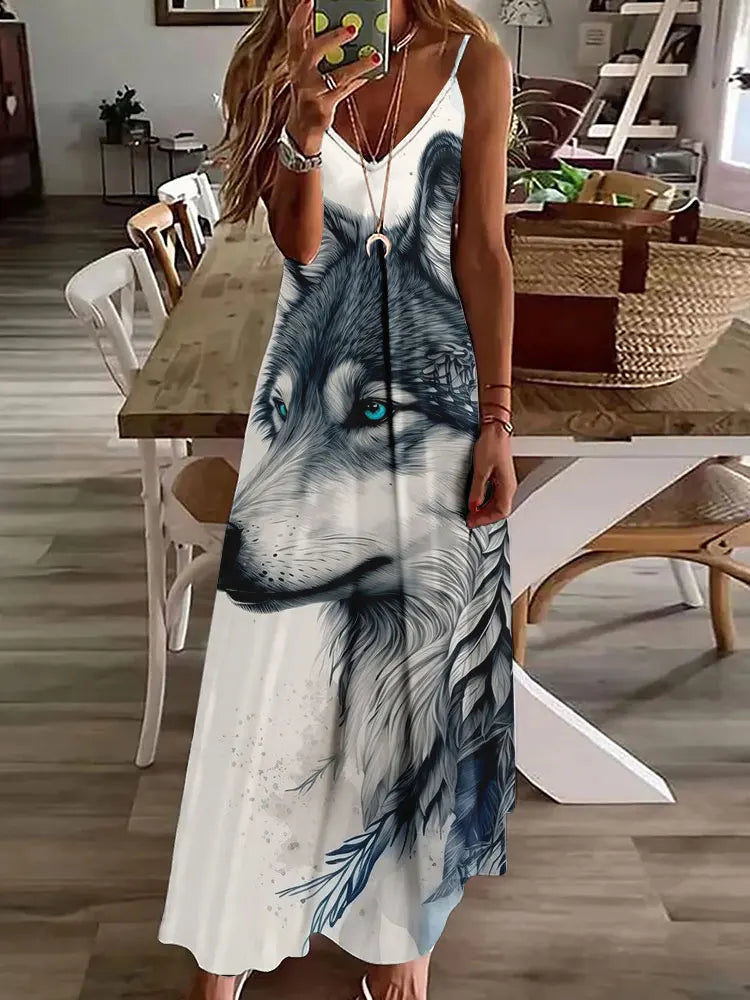 Women's Long Spaghetti Strap Tribal Pattern Dress