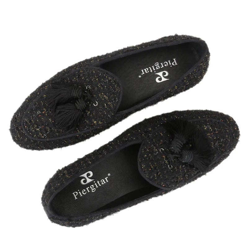 The British Classic style slip-on smoking slippers in White and Black Tweed with Handmade Tassels.