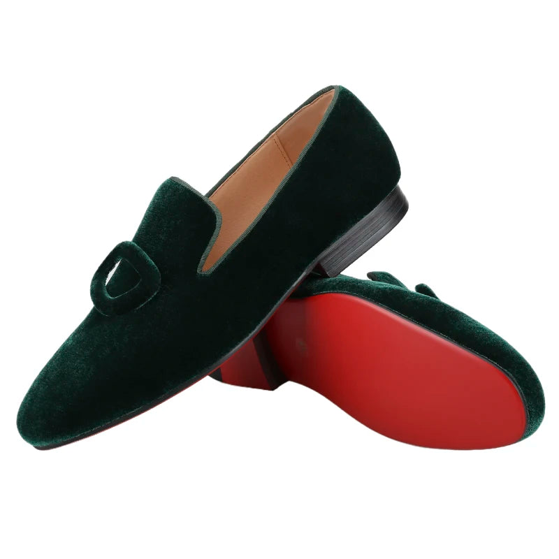 Piergitar New Arrival Two Colors Velvet Men's Smoking Slippers With Matching Velvet Buckles Handmade Slip-On Loafers Red Bottom