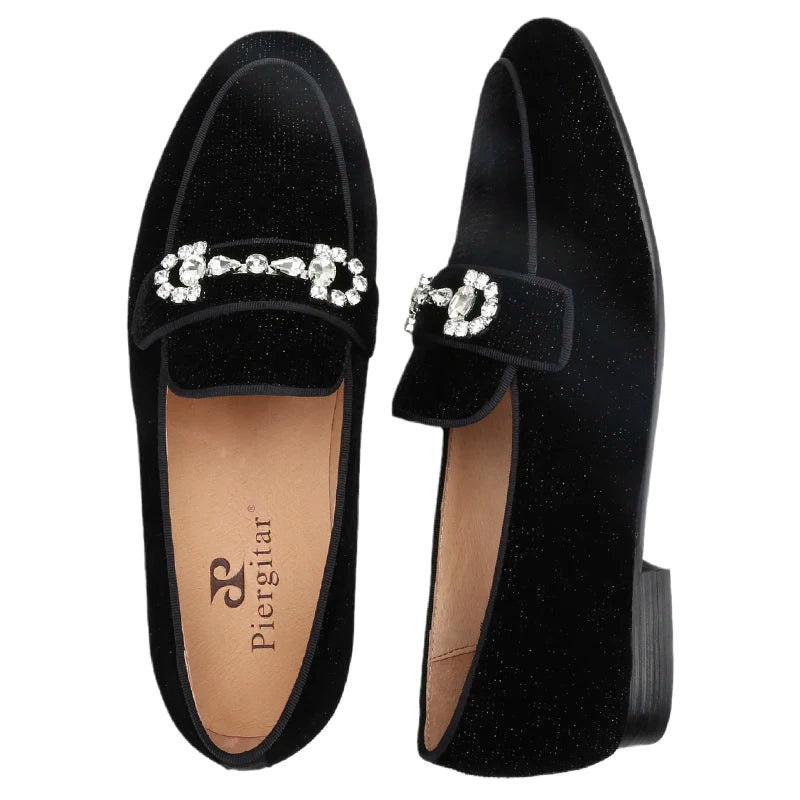 Black Velvet Loafers For Men With Crystal Rhinestone Horsebit Embellishments