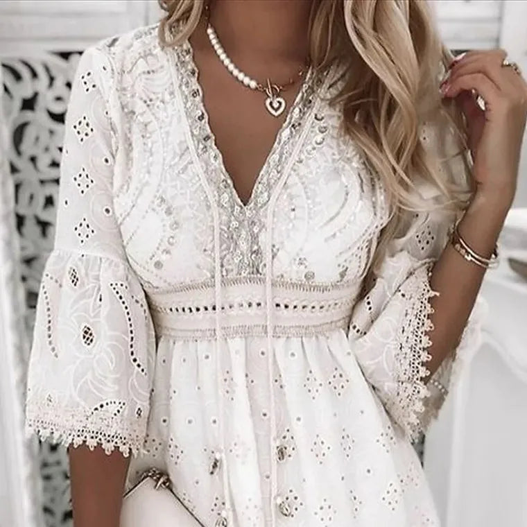 Women's White Hollow Lace up Mini Dress