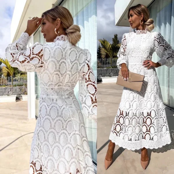 Spring New French Lace Standing Neck Bubble Sleeves Wrapped Waist for Slimming Dress, Elegant European and American Long Dress