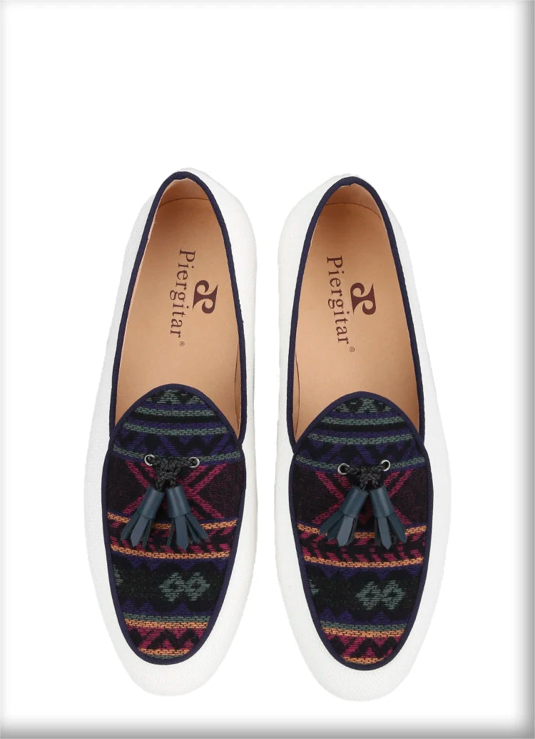 Men's Loafers in Classic Handmade Leather Tassels, Ivory Color Canvas Mix Ethnic Style Cotton