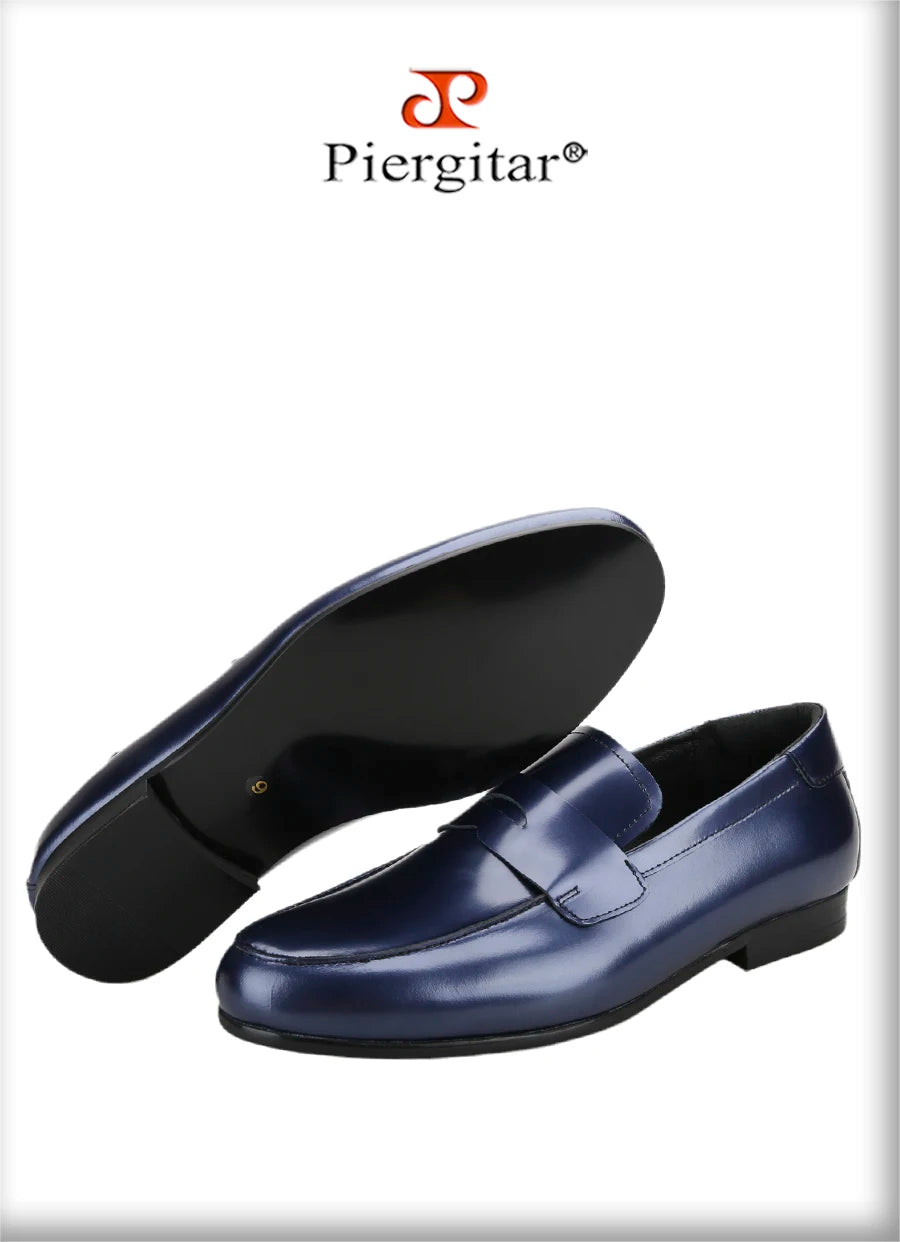 Piergitar Navy-Purple Smooth Genuine Leather Men's Penny Loafers Handmade Slip-On Male Flat Shoes For Party/Wedding Suit Wear