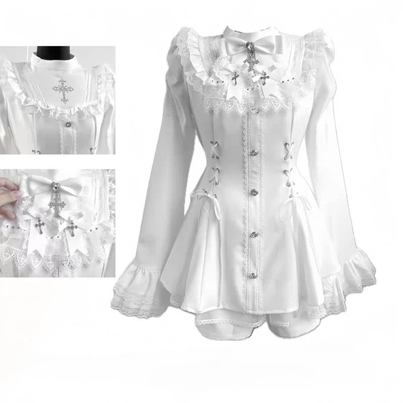Y2k Aesthetic Lolita Style Bow Dress Shorts Set Japanese Women Gothic Lace Flare Sleeve Button Shirt Dress Punk Party Mini Dress