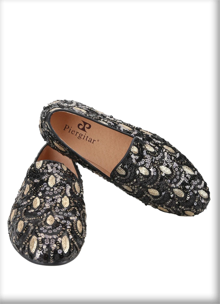 Mens smoking slippers handmade with leather insoles and gold and black glitter beads
