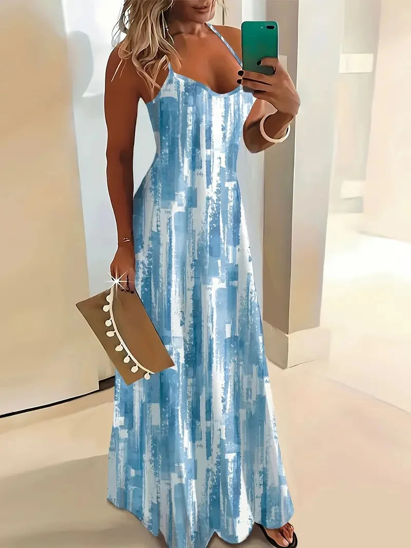 Summer Fashion Loose Women's Long Dress Colorful Botanical Flower Print V-Neck Print Casual Long Dress Bohemian Beach Dress