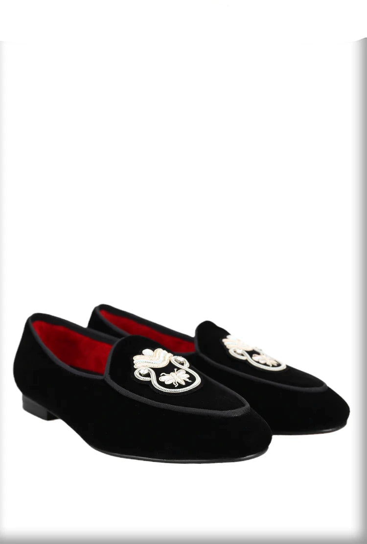 Black Velvet Men's Loafers with Embroidered Bee Rhinestone Patches and Red Outsole