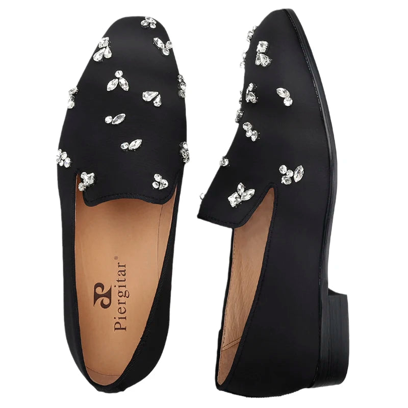 The same design red outsole moccasins with a smooth black crepe satin men's loafer.
