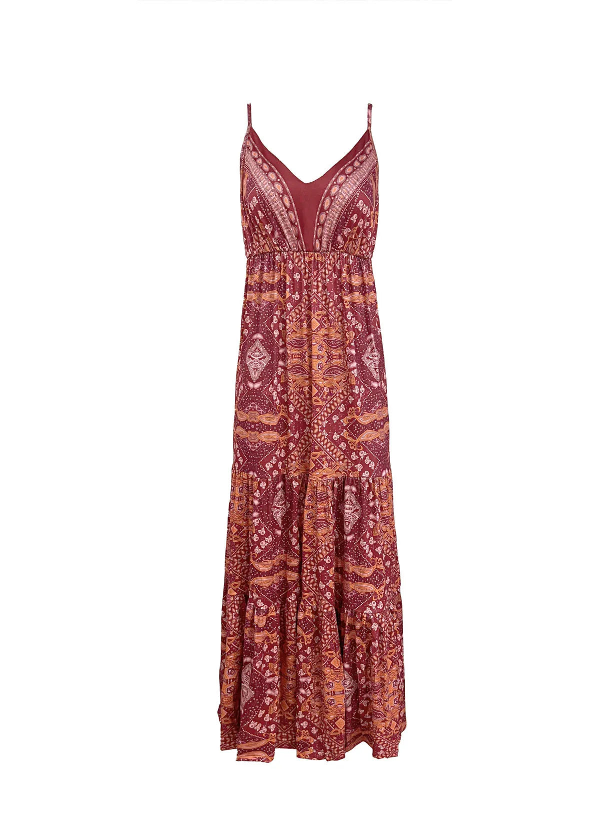 Bohemian Style Women's Clothing Long Dress New Suspender Long Dress High Waist V-neck Printed Floral Dress Women's Clothing