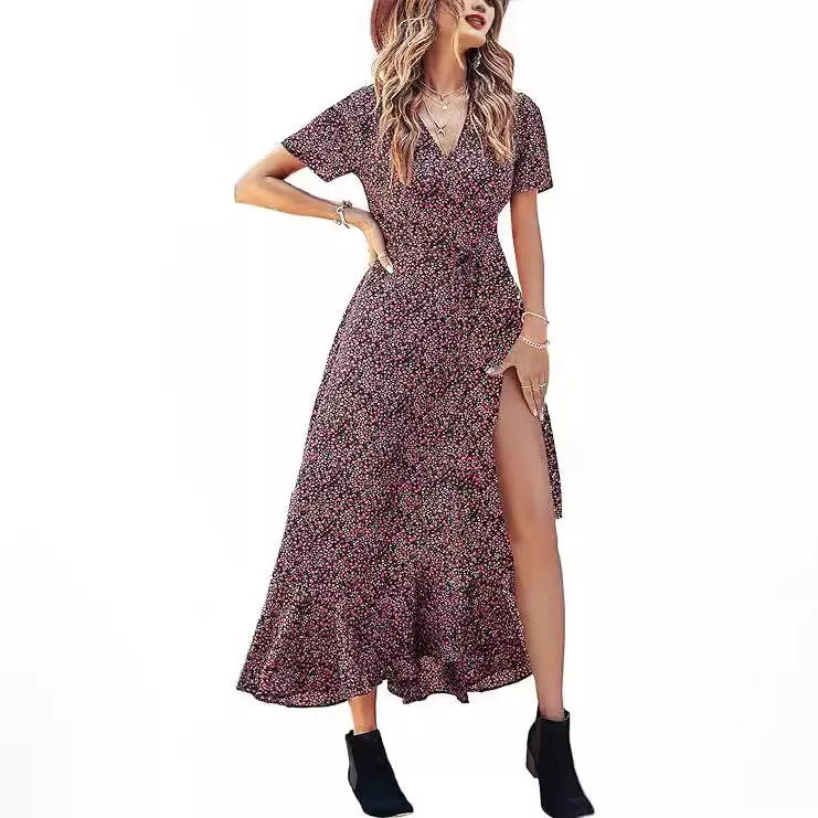 2025 Summer Women's Short-sleeved Dress V-neck Floral High Waist Slim and Stylish Bohemian Pleated Long Skirt