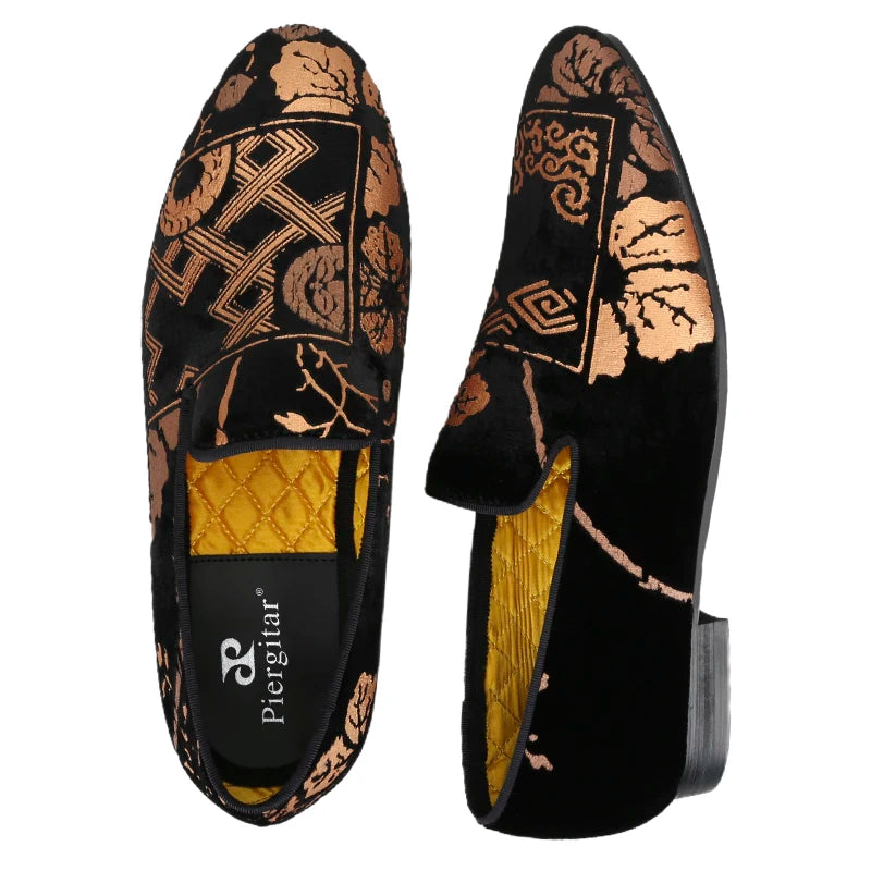 Customized Chinese style slip-on smoking shoes with gold totem print on black velvet.