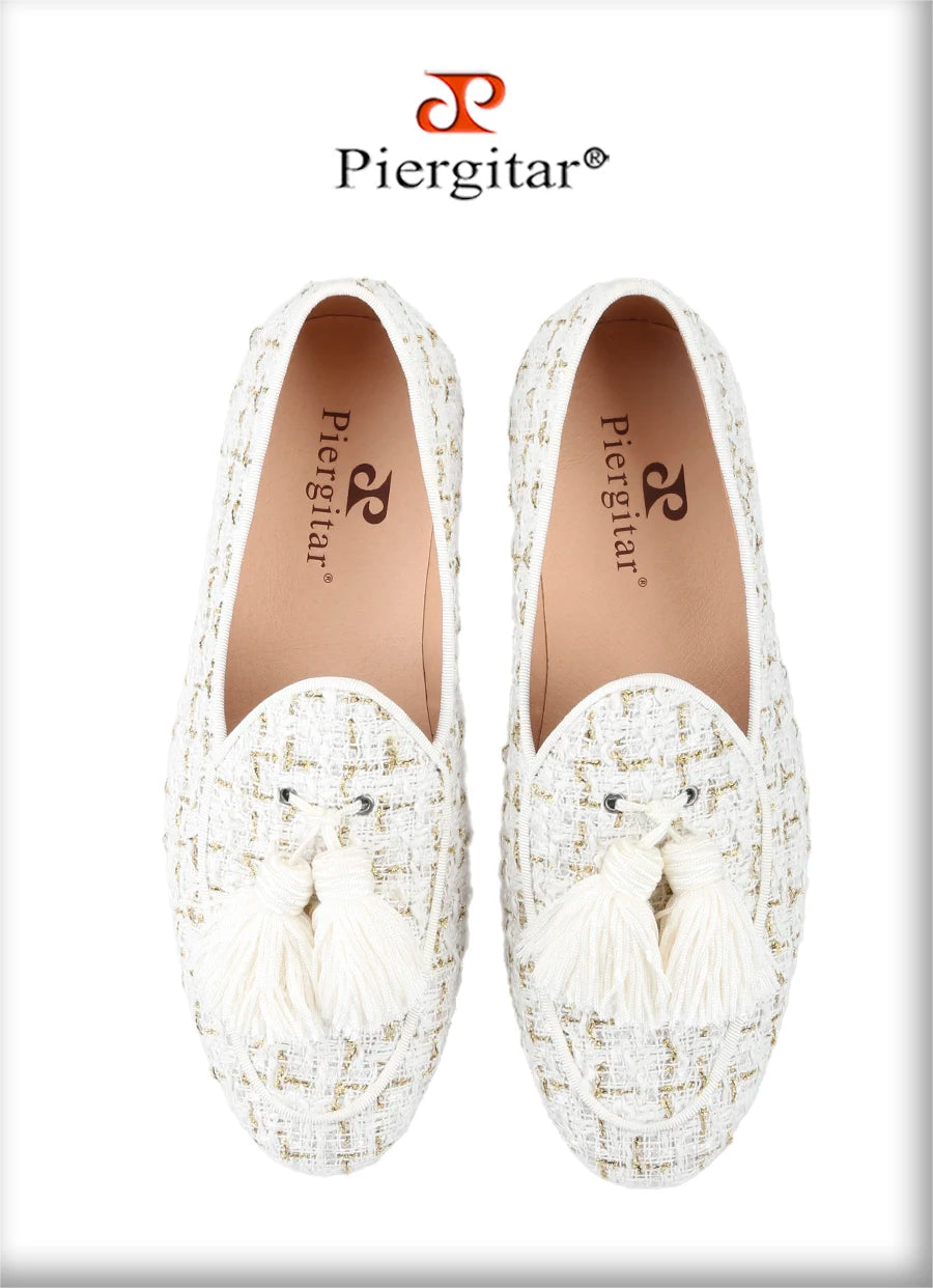 Piergitar 2025 White And Black Colors Tweed Men's Loafers With Handmade Tassels British Classic Style Slip-On Smoking Slippers
