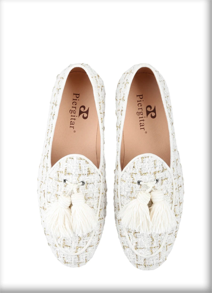 The British Classic style slip-on smoking slippers in White and Black Tweed with Handmade Tassels.