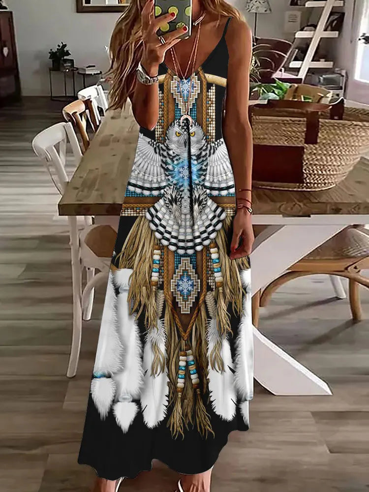 Women's Long Spaghetti Strap Tribal Pattern Dress
