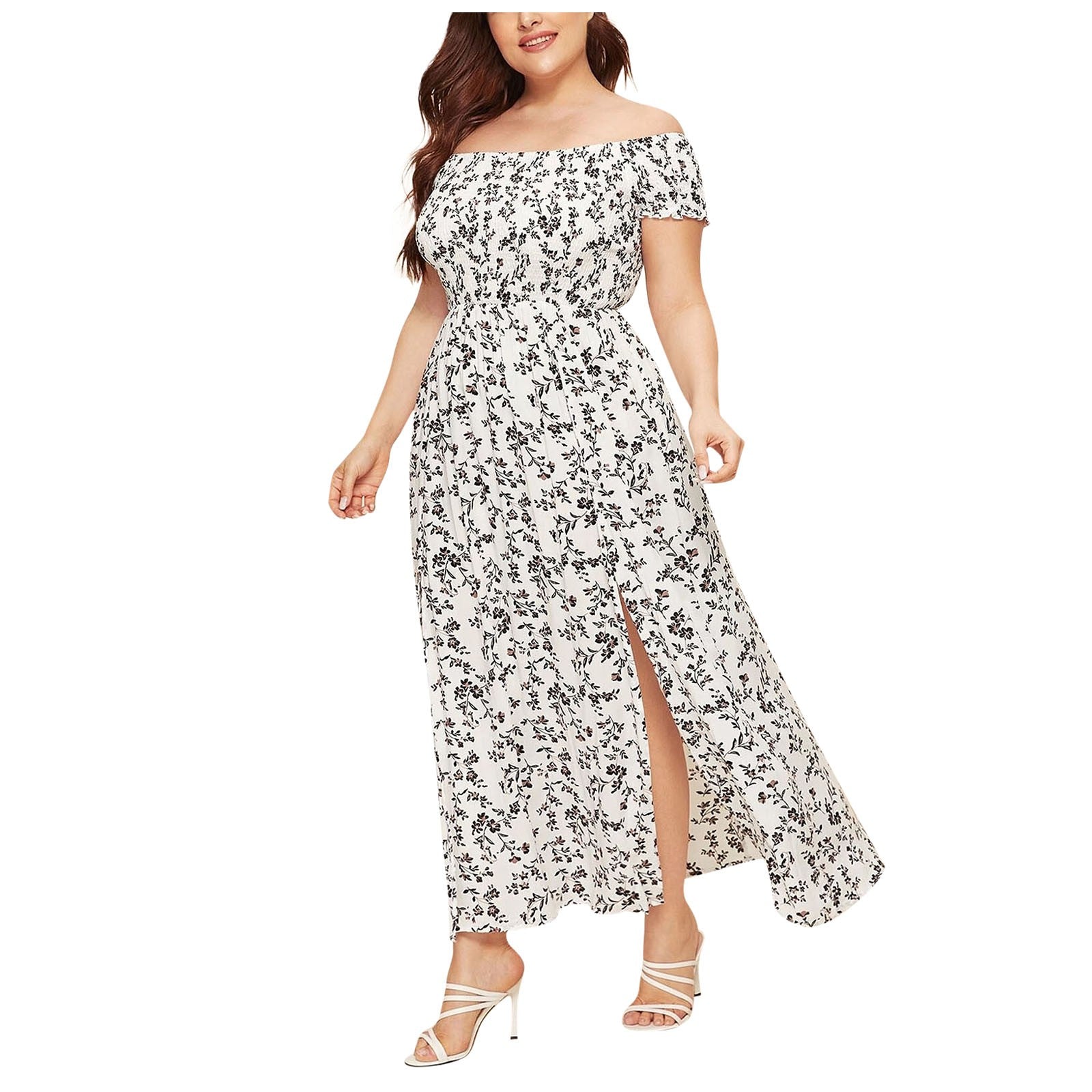 Plus Size Summer Dresses with Slash Necks, Shirred Bodice and Split Thigh Floral Dresses
