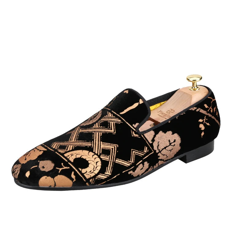 Customized Chinese style slip-on smoking shoes with gold totem print on black velvet.