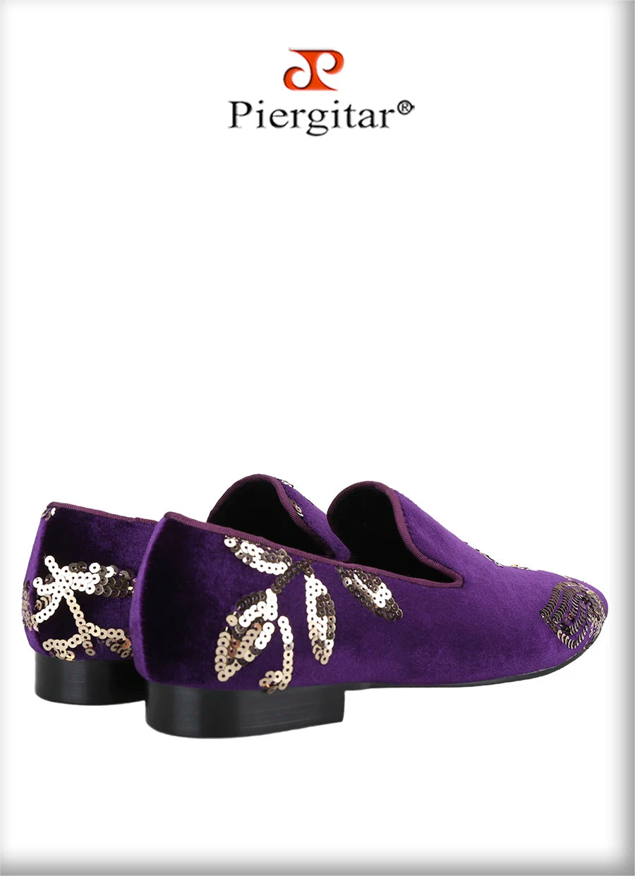 Piergitar Black And Dark Purple Velvet With Handmade Floral Sequin Men's Loafers CL Same Classic Red Outsole Slip-On Moccasins