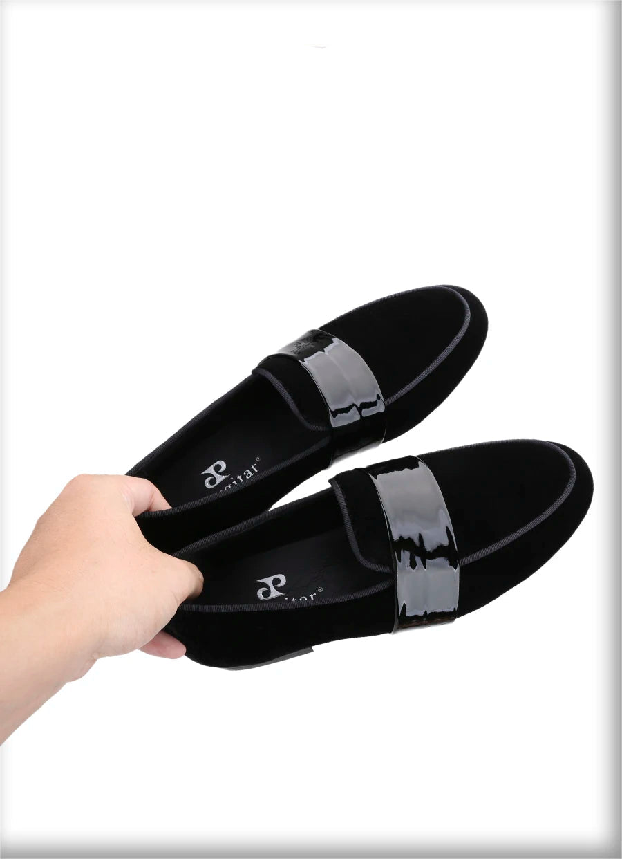 Classic Black Velvet Slip-On Men Shoes with Patent Leather Cross Strap Loafers for Fashion Party Wear
