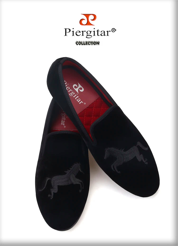 Piergitar High Level Customization Black Velvet Men's Loafers For Party Handmade Horse Embroidery Slip-On Man Smoking Slippers
