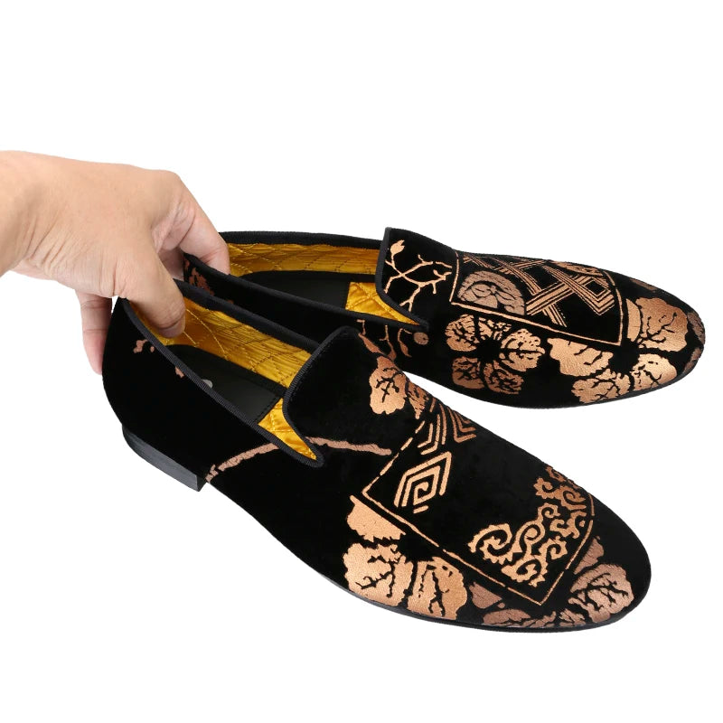 Customized Chinese style slip-on smoking shoes with gold totem print on black velvet.