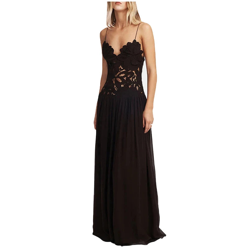Women's Sleeveless High Waist Pleated Hollow Lace Dress