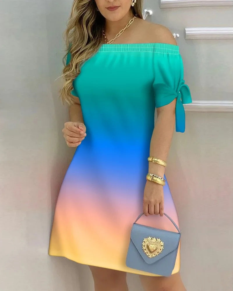 3XL Women's Casual Gradient Off Shoulder Short Sleeve Dress Bow Print Mini Dress