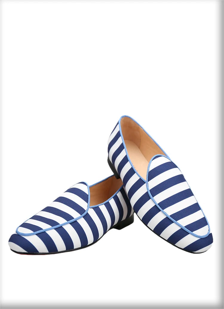 Red Bottom Male Slip-On Loafers With Blue And White Stripes Canvas For Prom And Party New Arrival