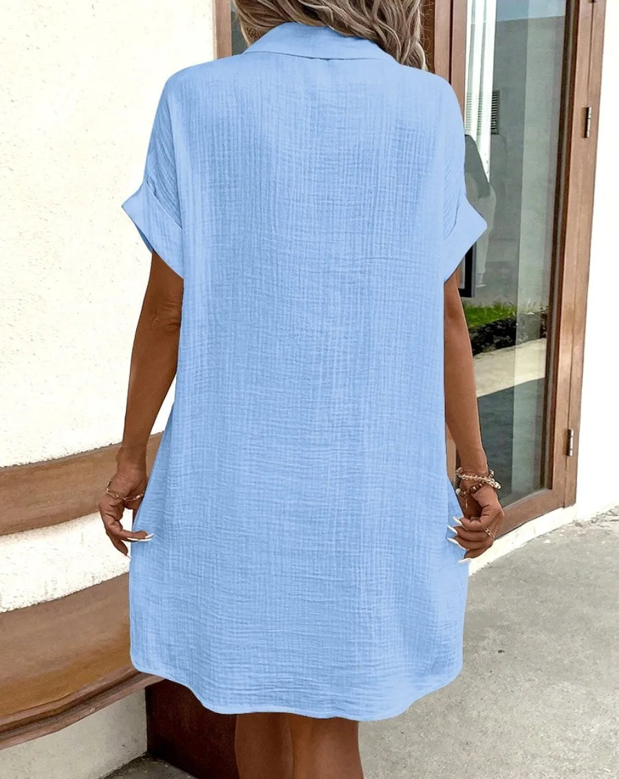 Summer Simple V-neck Button Up Dress Woman Cotton Linen White Short Sleeved Pocket Casual Solid Loose Shirt Mini Dress 2025