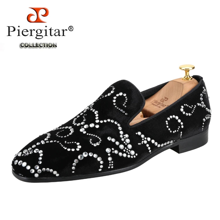 Piergitar Black Velvet And Octodandelion Strass Loafers Luxury Brand Same Design Red Bottom Handmade Crystals Men's Moccasins