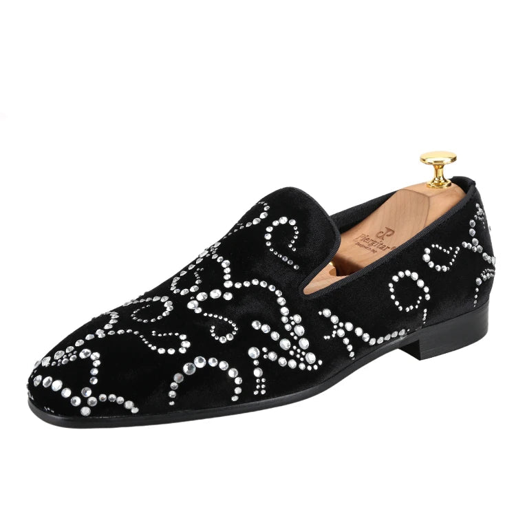 Black Velvet and Octodandelion Strass Loafers Same Design Luxury Brand Men's Moccasins with Handmade Crystals