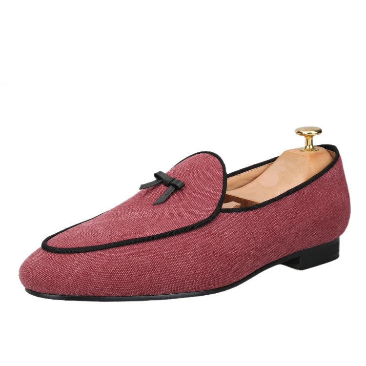 Three Colors Raw Canvas Belgian loafers with Calfskin Bows, Handmade Slip On Classic Mens Smoking Slippers