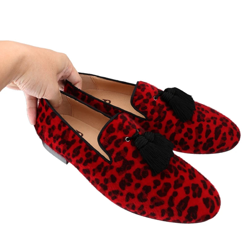 Piergitar Red And Black Animalier-Printed Superior Velvet Slippers With Handmade Silk Fringed Tassels Slip-On Men's Loafers