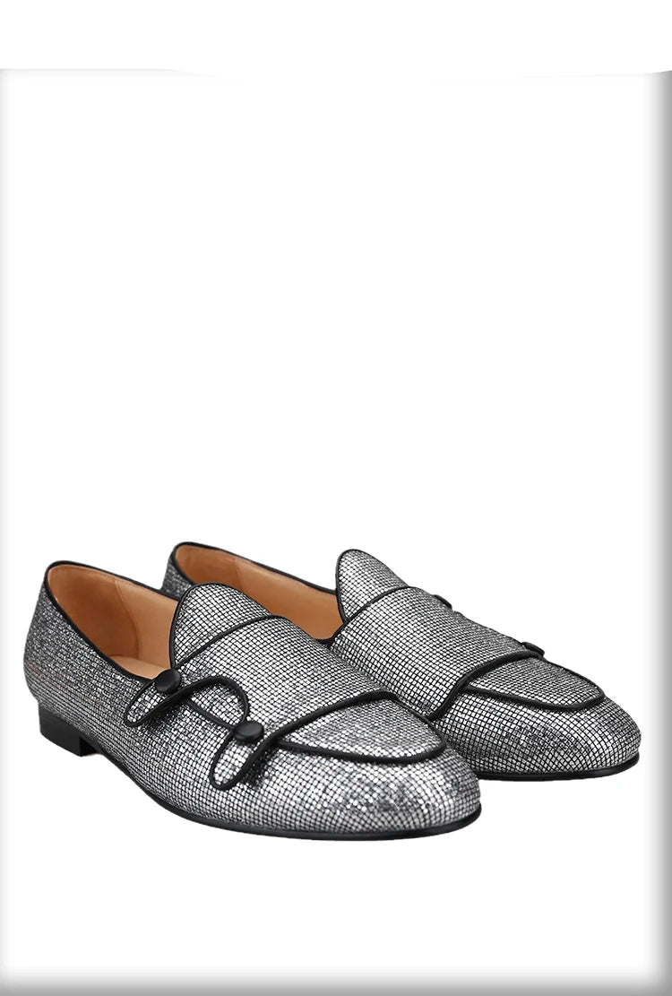 The New Style Square Glittering Silver Belgian Loafers with Double-Monk Moccs Handmade in GuangZhou