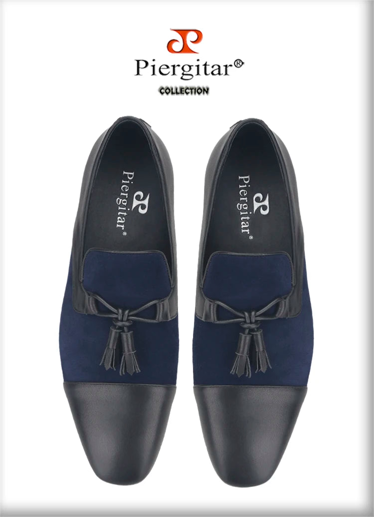 Piergitar 2023SS Navy Suede And Black Calfskin Leather Slippers With Handmade Tassels Italian Design Classic Men's Loafers