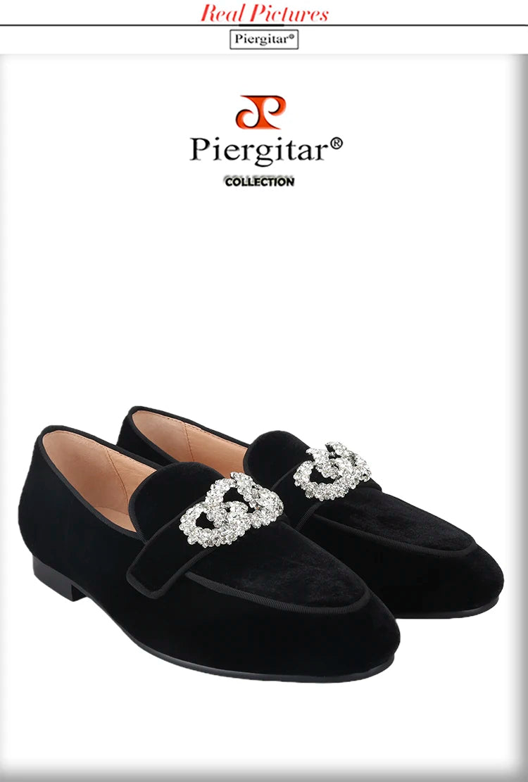 Piergitar Black Velvet Slippers With Matching Gros-grin Piping And Chain-Shaped Allover Crystals Handmade Slip-On Men's Loafers