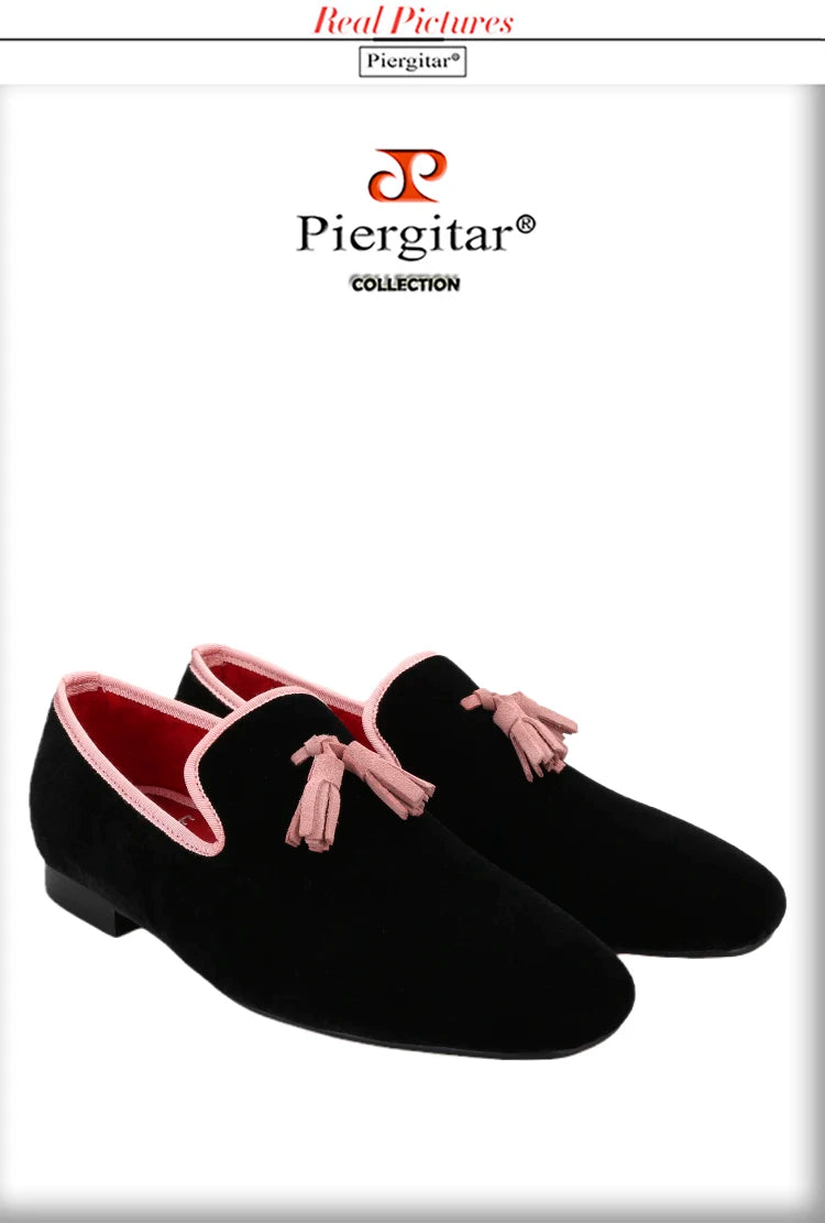 Piergitar 2023 Classic Black Velvet Slip-On Slippers Shoes Handmade Pink Suede Men's Loafers For Party And Wedding Plus Size