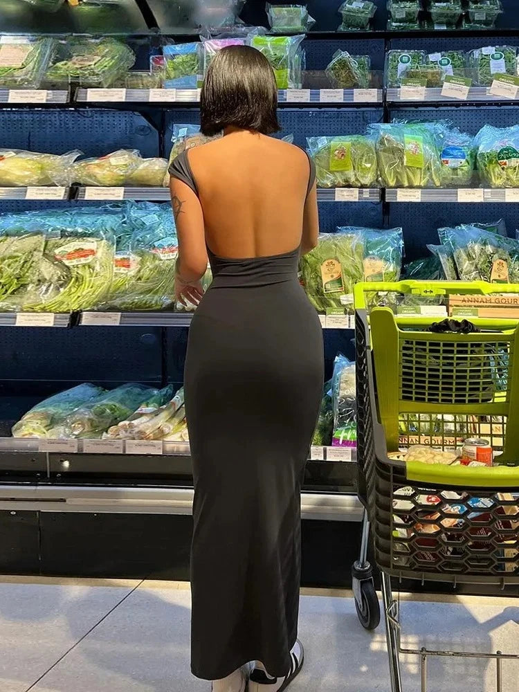 Women's Solid Sexy Backless Maxi Dress Elastic Short Sleeve Long Dresses