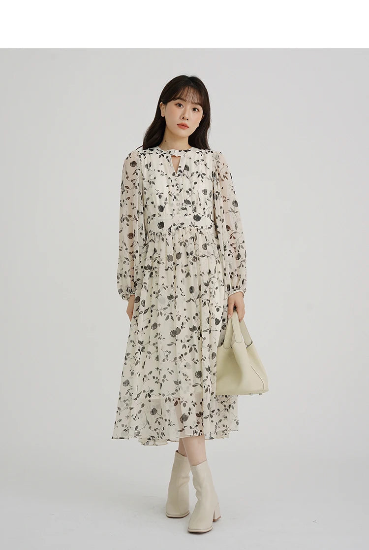 Floral Midi Dress Women Sweet A-Line Long Sleeve Hollow Out Dress Elegant High Waist Casual Long Dress Daily or Vacation Outfits